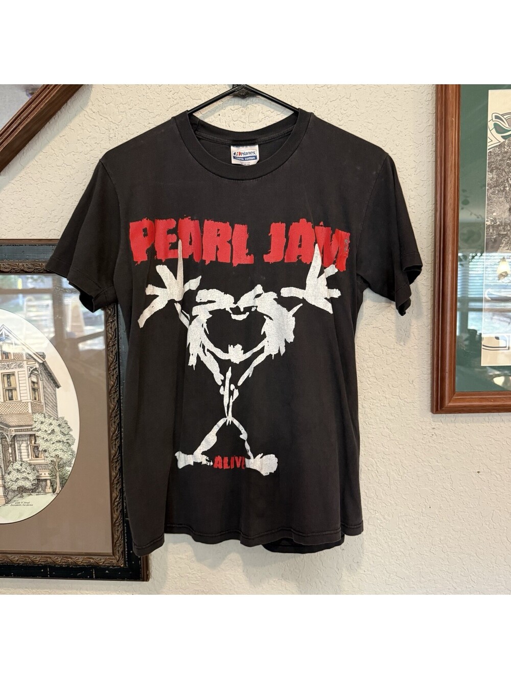 Vintage 1991 RARE Pearl Jam Alive Black Stickman Tour Shirt Hanes Size Medium